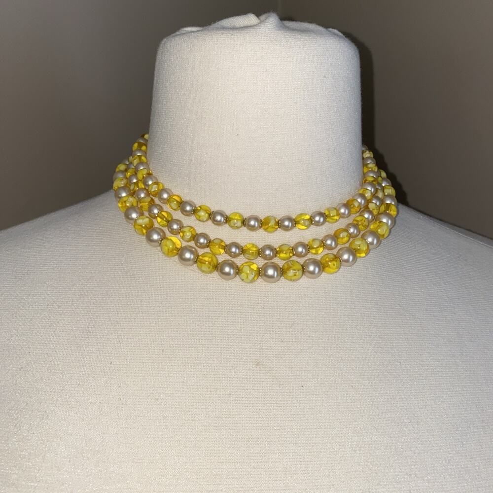Vintage Yellow Lucite Faux Pearl 3 Strand Bib Necklace Japan Adjustable 14”